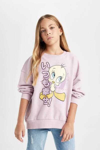 DeFacto Kız Çocuk Looney Tunes Baskılı Oversize Geniş Kalıp Bisiklet Yaka Sweatshirt D2983A824AU