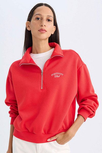 DeFacto Thick Red Printed Sweatshirt - Stand Collar, Half Zip, Regular Fit D5299Ax24Au