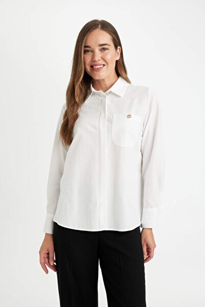 DeFacto Relax Fit Düğmeli Cepli Basic Düz Poplin Uzun Kollu Gömlek D1076AX24AU
