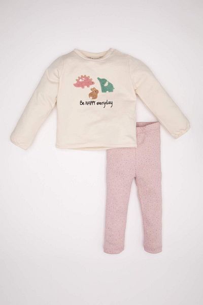 DeFacto Baby Girl 2-Piece Set Crew Neck Printed Long Sleeve T-Shirt Elastic Waist Long Leggings D2698A524Au