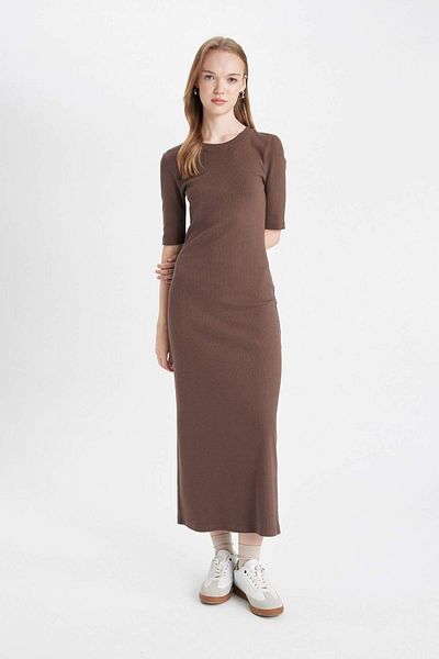DeFacto Bodycon Bodycon Crew Neck Basic Plain Ribbed Camisole Short Sleeve Maxi Dress D8623Ax24Au