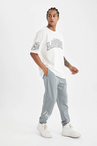 DeFacto Los Angeles Lakers Men's Gray Jogger - Regular Cut, Pocket, Skuba Diving Fabric C8925Ax24Au
