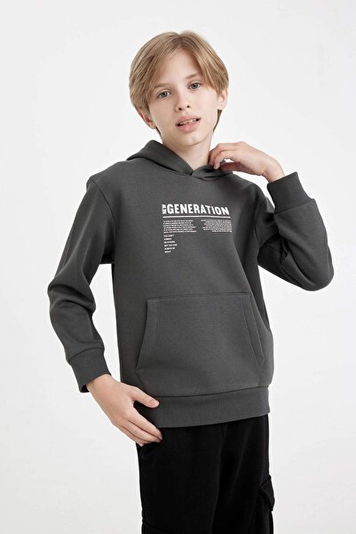 DeFacto Erkek Çocuk Cepli Yazı Baskılı Kapüşonlu Okul Sweatshirt C7567A824WN