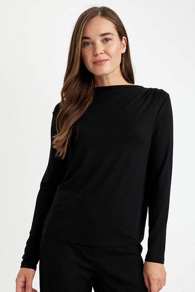 DeFacto Schwarzes, einfarbiges, langärmliges Basic-T-Shirt mit regulärer Passform und Spitzenkragen D1104ax24au