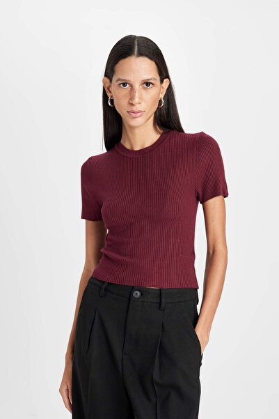 DeFacto Crop Bisiklet Yaka Basic Düz Fitilli Kısa Kollu Triko Kazak C5638AX24AU