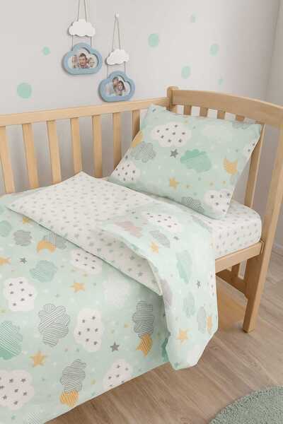 Babynia Çocuk Nevresim Takımı 90x190 Yatak Için Yeşil Ay Bulutlu (yorgansız)