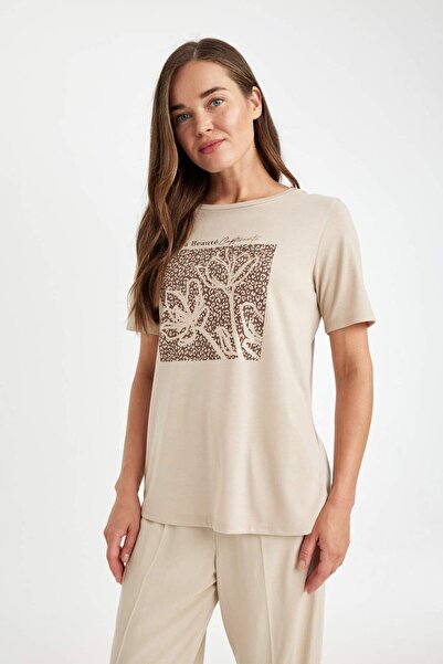 DeFacto Μπλουζάκι με κοντό μανίκι με λουλουδάτο λαιμόκοψη D4102AX24AU