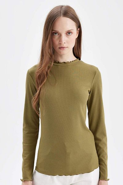 DeFacto Tricou cu mânecă lungă, cu jumătate de gât, cu nervuri, B2389AX24AU