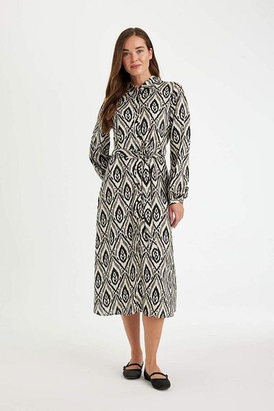 DeFacto Shirt Collar Ethnic Print Button Belted Long Sleeve Maxi Dress D3701Ax24Au