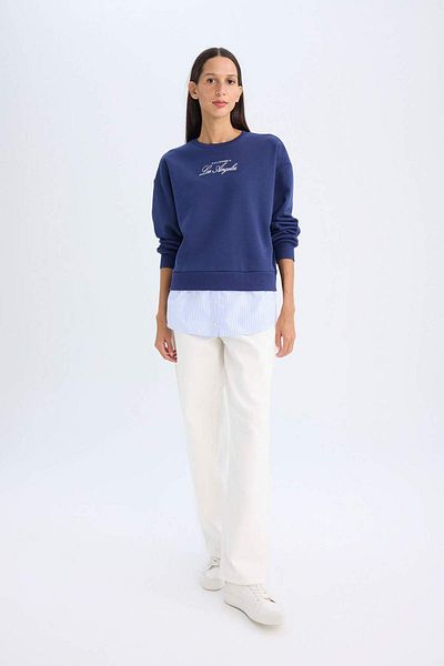 DeFacto Crew Neck Printed Thick Sweatshirt with Hem Detail D5931Ax24Au