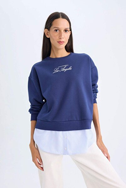 DeFacto Bisiklet Yaka Baskılı Etek Ucu Detaylı Kalın Sweatshirt D5931AX24AU