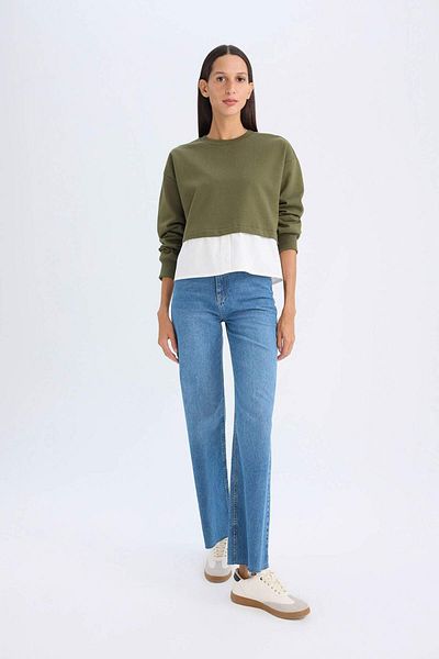 DeFacto Relax Fit Crew Neck Basic Plain Sweatshirt with Hem Detail D5620Ax24Au