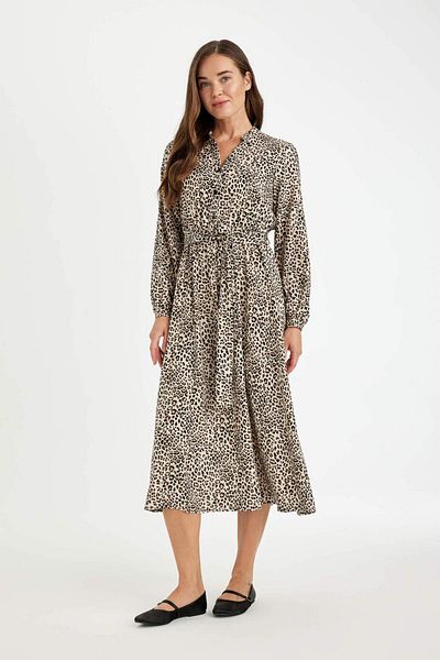 DeFacto Apaş-Kragen, Leopardenmuster, Knopfleiste, lange Ärmel, Viskose, Maxikleid mit Gürtel D1070AX24AU