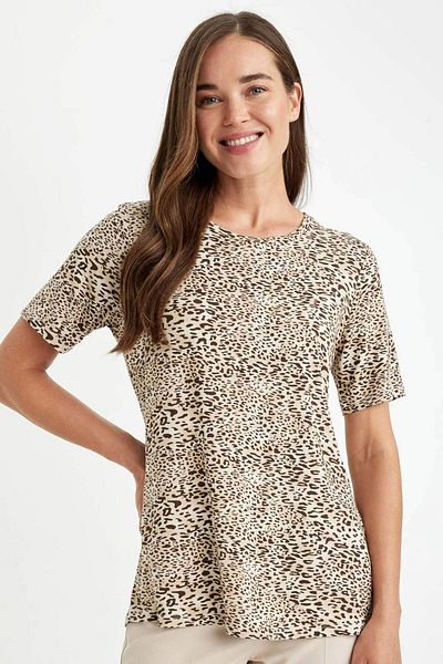 DeFacto T-shirt Leopard Print Regular Fit Crew Neck - Κοντομάνικο D5758ax24hs