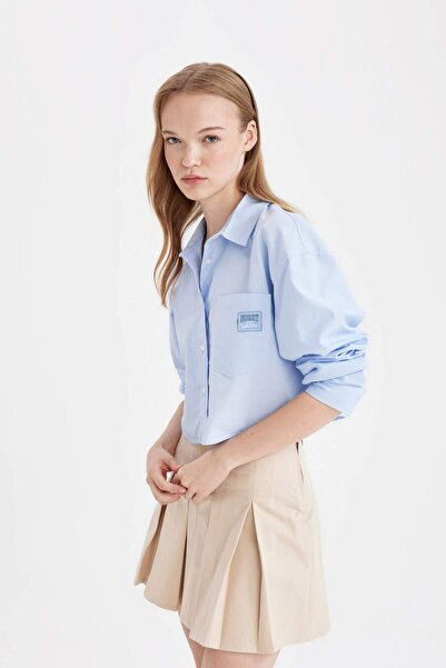 DeFacto Coool Oversize Geniş Kalıp Basic Düz Cepli Oxford Uzun Kollu Crop Gömlek D4031AX24AU