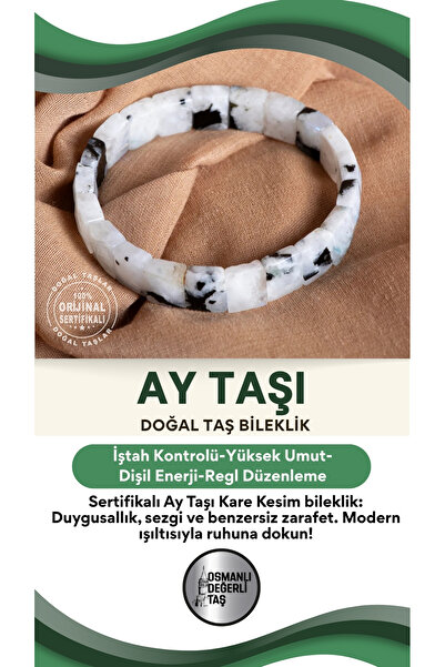 OSMANLI DEĞERLİ TAŞ SERTİFİKALI Ay Taşı Doğal Taş Kare Kesim Bileklik