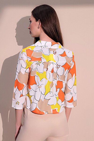 NEW LAVİVA Women's Orange Stylish Patterned Poplin Crop Jacket