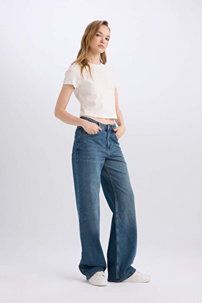 DeFacto Rovné široké dlouhé džínové kalhoty s vysokým pasem D4317AX24AU