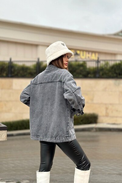 NEW LAVİVA Kadın Gri Geniş Cepli, Kaliteli Jeans Kumaş, Salaş Kot Ceket