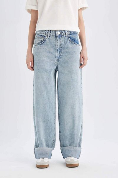 DeFacto Baggy Fit High Waist Folded Leg Ankle Length Jean Washed Pants D5439Ax24Au