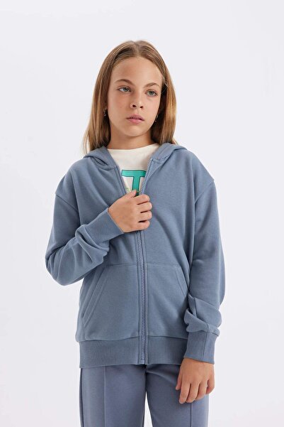 DeFacto Dívčí základní jednobarevná mikina s kapucí a kapsami na zip školní svetr C8110A824AU