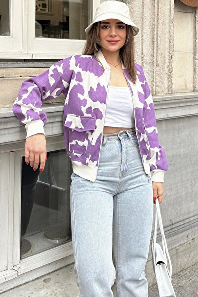 NEW LAVİVA Țesătură gabardină cu model violet pentru femei, croială confortabilă, buzunar cu clapă, jachetă bomber