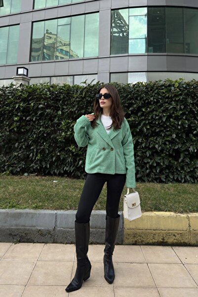 NEW LAVİVA Γυναικείο πράσινο γιακά με διπλό στήθος, διπλά κουμπιά, άνετη εφαρμογή, υφασμάτινο μπουφάν με ραβδώσεις