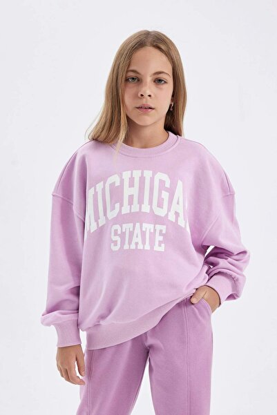 DeFacto Kız Çocuk Relax Fit Bisiklet Yaka Baskılı Okul Sweatshirt C7460A824AU