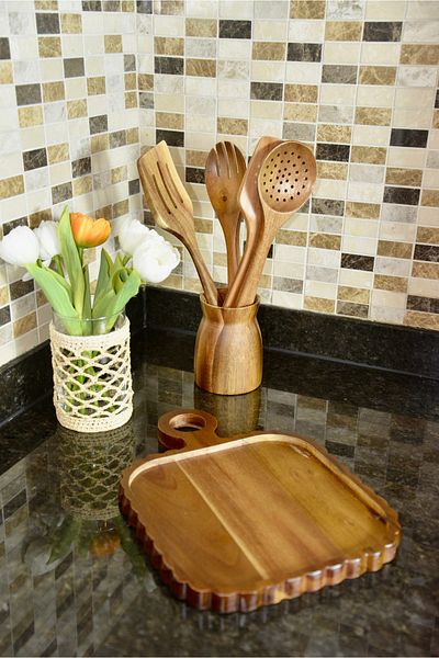 SepetçiBaba Acacia Square Handle Presentation Plate - 67434