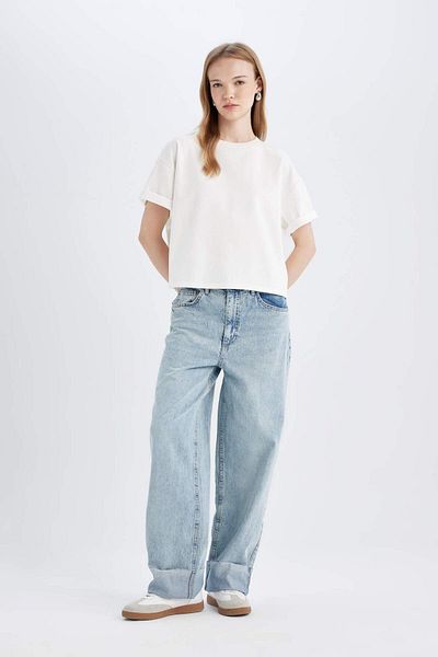 DeFacto Baggy Fit High Waist Folded Leg Ankle Length Jean Washed Pants D5439Ax24Au
