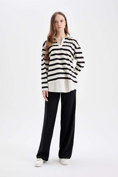 DeFacto Tricou cu mânecă lungă cu guler polo cu dungi cu croiala normală, cu detaliu la tiv, tunică D2183AX24AU