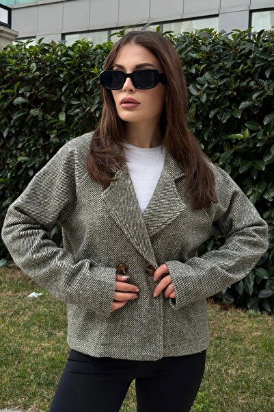 NEW LAVİVA Women's Khaki Double Breasted Collar, Double Button, Comfortable Fit, Ribbed Stamp Fabric Jacket