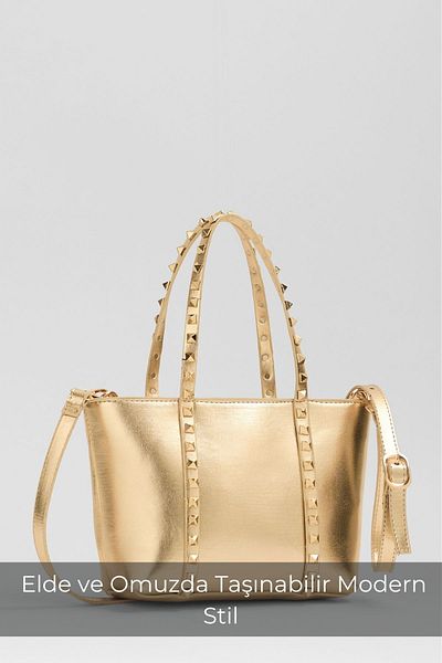 Madamra Gold Women's Staple Detailed Pu Leather Buckle Hand and Shoulder Bag