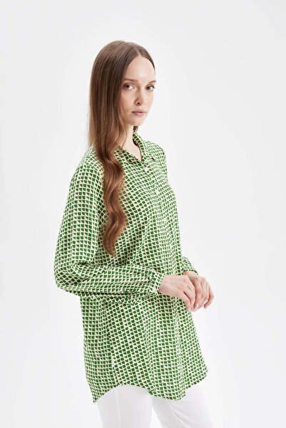 DeFacto Regular Fit Gömlek Yaka Desenli Viskon Uzun Kollu Gömlek Tunik D4070AX24AU