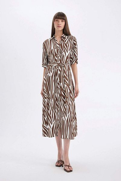DeFacto Shirt Collar Print Linen Blend Half Sleeve Beltll Midi Dress C7094Ax24Sm