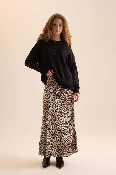 DeFacto Straight Fit Κανονική μέση Λεοπάρ Σατέν Φούστα Maxi D6886AXNS