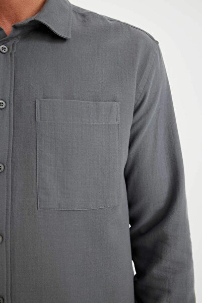 DeFacto %100 Pamuk Regular Fit Müslin Basic Düz Uzun Kollu Gömlek D2619AX24AU