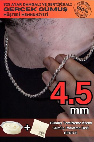 OSMANLI GÜMÜŞ Erkek Gümüş Kolye - 4.5mm Burma Model Halat Gümüş Kolye Zincir ...