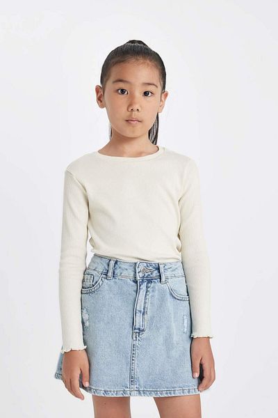 DeFacto Girl's Crew Neck Basic Plain Corduroy Long Sleeve T-Shirt B2387A824Au