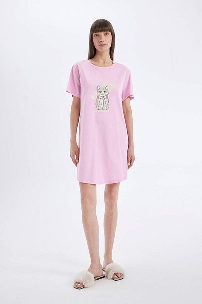 DeFacto Printed Crew Neck Short Sleeve Nightdress-Fall in Love D4524Ax24Hs
