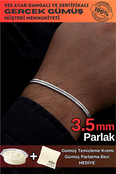 OSMANLI GÜMÜŞ Erkek Gümüş Bileklik - 3.5mm Yassı Beyaz Tilki Kuyruğu Zincir G...