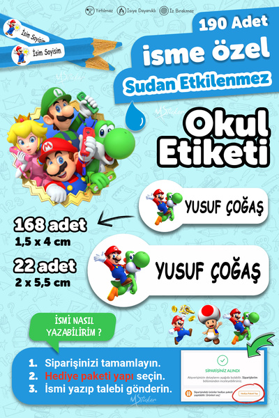 MSticker Okul Etiketi Kalem Defter Etiketi Süper Mario Temalı Özel Isim Yazıl...