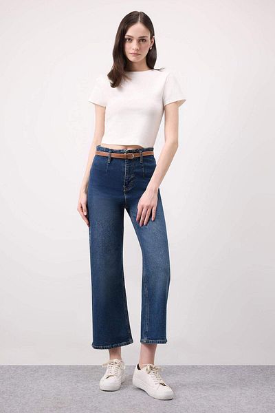 DeFacto Culotte cu talie înaltă, scurtă, cu picioare largi, cu centură, pantaloni lavabili din denim D4325AX24AU