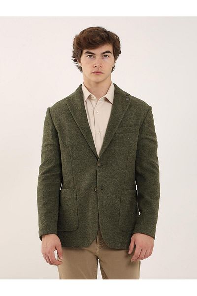 Dufy Khaki Men's Slim Fit Plain Stamp Mono Collar Jacket - 96580