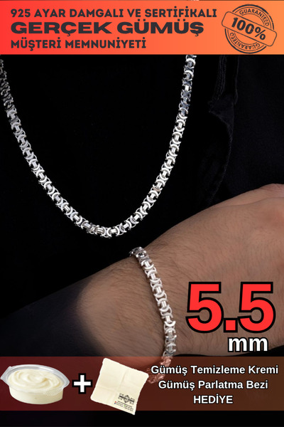 OSMANLI GÜMÜŞ Erkek Gümüş Kolye Bileklik Set - 5.5mm Parlak Euro Kral Kolye B...