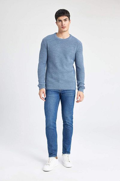 DeFacto Pulover albastru standard, cu croiala normala, cu decolteu rotund, tricotaj C0048AX24AU