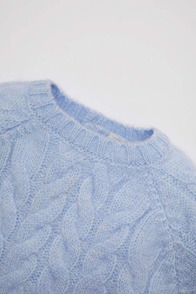 DeFacto Kız Bebek Mavi Bisiklet Yaka Örgü Desenli Triko Kazak D0354A524AU