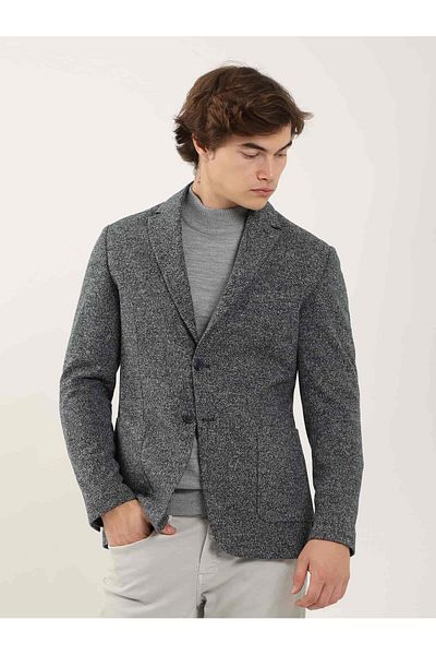 Dufy Navy Blue Men's Slim Fit Melange Patterned Casual Mono Collar Jacket - 97205