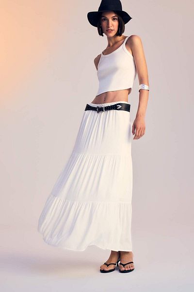 DeFacto Fusta A-Line cu talie înaltă din bumbac căptușită Crinkle Viscose Kilos Maxi Fusta albă D5033AX24AU