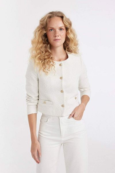 DeFacto Jachetă blazer crop cu nasturi din tweed cu decolteu rotund D3910AX24AU